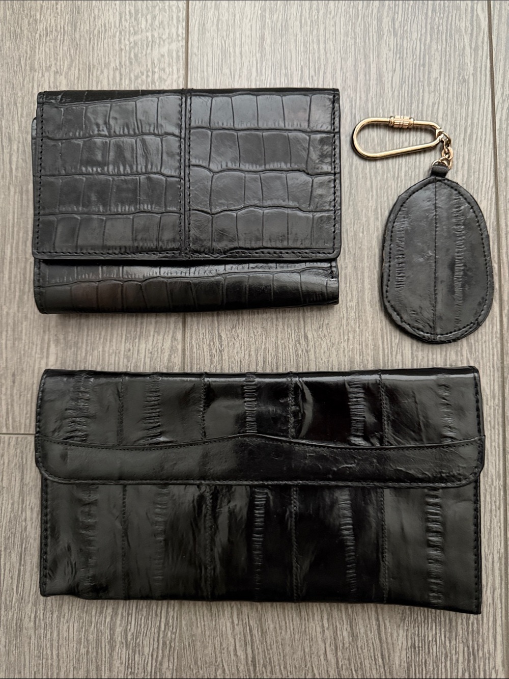 Vintage Eelegance Genuine Black Eel Skin 3-Piece Matching Wallet Keychain Set
